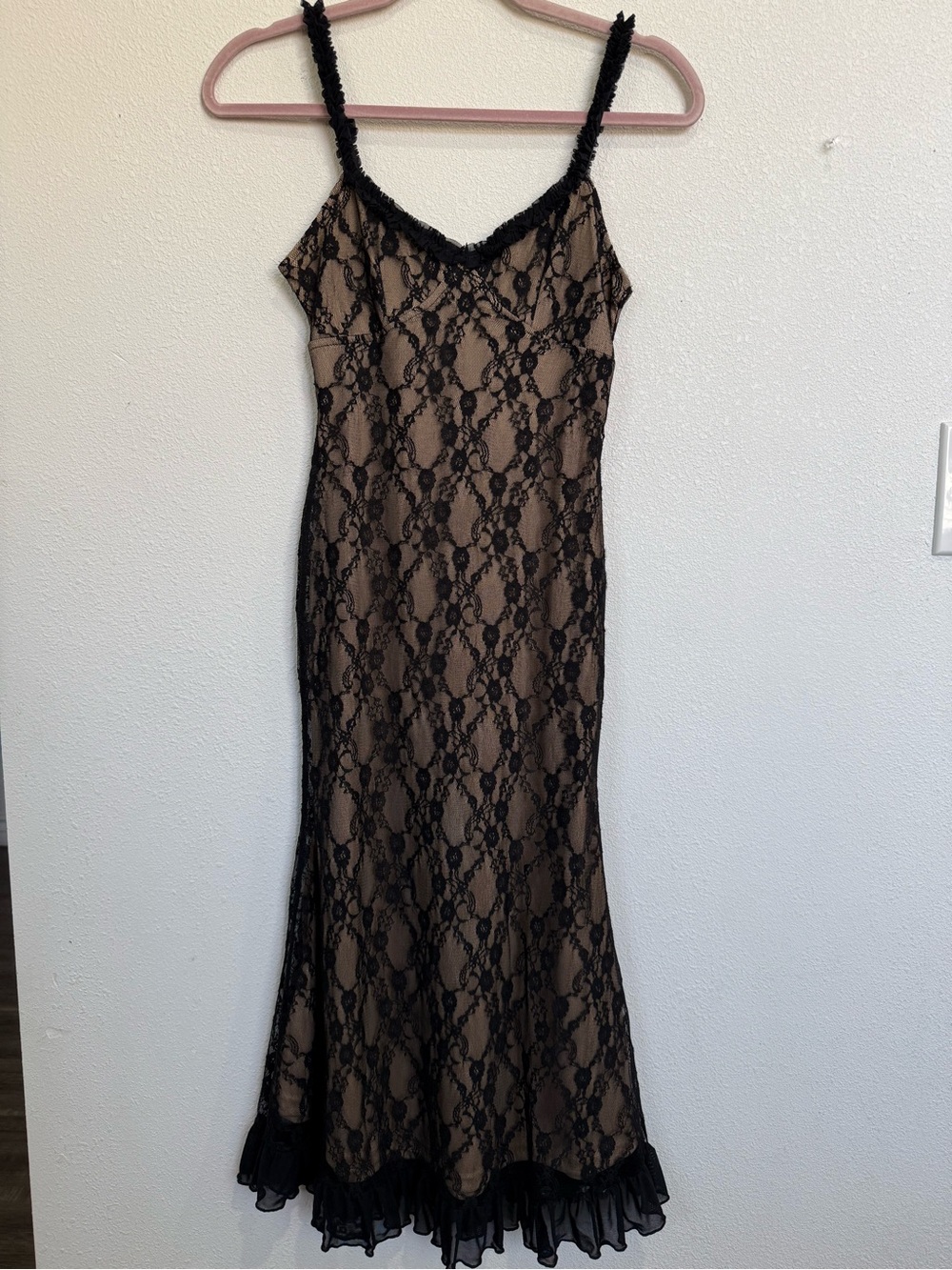 Cider Black Lace Sheer Midi Dress Nude Lining Ruffle Hem Y2K Slip Size S - Picture 2 of 9